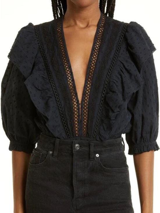 FARM Rio Tops - Farm Rio Black Plunge Neckline Ruffle Bodysuit – Size M
